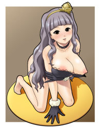 Rule 34 | 00s, 1girl, 961 production, barefoot, blush, breast slip, breasts, brown eyes, choker, feet, female focus, full body, gloves, hairband, huge breasts, idolmaster, idolmaster (classic), idolmaster 1, kneeling, long hair, nipples, shijou takane, silver hair, solo, toes, tomatto (@ma!)