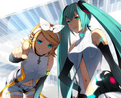 Rule 34 | 2girls, :p, aqua eyes, aqua hair, belt, blonde hair, breasts, center opening, elbow gloves, gloves, hair ornament, hair ribbon, hairclip, hatsune miku, hatsune miku (append), headphones, kagamine rin, kagamine rin (append), leaning forward, long hair, looking at viewer, multiple girls, navel, necktie, pointing, pointing at viewer, ribbon, sakuyamochi, short hair, shorts, smile, tongue, tongue out, twintails, vocaloid, vocaloid append