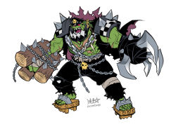 Rule 34 | 1boy, anger vein, banchou, chain, claws, colored skin, delinquent, full body, geta, green skin, hat, highres, log, male focus, muscular, muscular male, open mouth, orc, ork (warhammer), red eyes, ryuusei (mark ii), scar, scar on arm, scar on chest, scar on face, sharp teeth, shoulder pads, shoulder spikes, signature, solo, spikes, teeth, twitter username, warhammer 40k