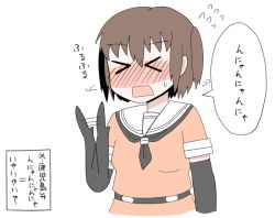 Rule 34 | &gt; &lt;, 10s, 1girl, alternate hairstyle, blush, brown hair, closed eyes, elbow gloves, flying sweatdrops, gaiko kujin, gloves, kantai collection, no nose, open mouth, school uniform, sendai (kancolle), serafuku, shaking head, short hair, short twintails, simple background, solo, speech bubble, sweatdrop, twintails, two side up, white background