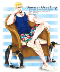 Rule 34 | 1boy, animal, bird, blonde hair, blue shirt, clenched hand, english text, flower, hand on own face, hand on own knee, hokuto no ken, crossed legs, looking at viewer, male focus, muscular, ninnko, penguin, shirt, shoes, short hair, shorts, sleeveless, sleeveless shirt, smile, solo, souther, striped, striped background, summer, wooden chair