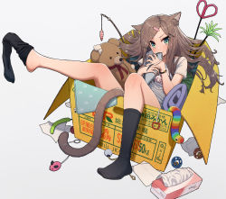 Rule 34 | 1girl, absurdres, animal ear fluff, animal ears, ball, between legs, box, brown hair, cardboard box, cat ears, cat girl, cat tail, closed mouth, clothes writing, green eyes, grey background, hair ornament, hairclip, highres, holding, in box, in container, long hair, looking at viewer, no shoes, original, parted bangs, shirt, short sleeves, simple background, sock pull, socks, solo, stuffed animal, stuffed toy, tail, tail between legs, teddy bear, tissue box, toy mouse, wavy hair, white shirt, wozora, x hair ornament