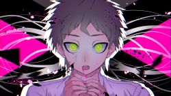 Rule 34 | 1boy, asphyxiation, bad id, bad pixiv id, black background, blood, blood from mouth, brown hair, commentary request, danganronpa (series), danganronpa 2: goodbye despair, green eyes, hama cheese, hand on another&#039;s neck, hinata hajime, looking at viewer, male focus, multicolored background, open mouth, outline, pink background, pink blood, portrait, shirt, short hair, solo, strangling, translation request, white outline