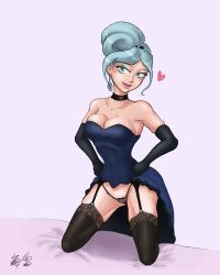 Rule 34 | 1girl, aqua eyes, aqua hair, bed, breasts, cleavage, corset, dress, eyeliner, female focus, garter straps, hair bun, heart, highres, lace, large breasts, lips, looking at viewer, makeup, mole, signature, simple background, single hair bun, solo, thighhighs, underwear