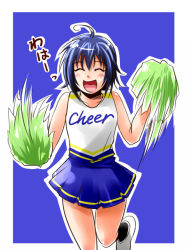 Rule 34 | 1girl, blue background, blue hair, blush, cheerleader, closed eyes, clothes writing, kappamaru, open mouth, pom pom (cheerleading), short hair, simple background, skirt, smile, solo