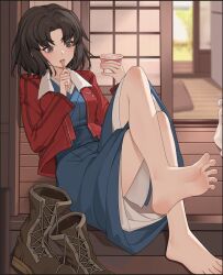 Rule 34 | 1girl, barefoot, boots, unworn boots, crossed legs, feet, food, ice cream, jacket, japanese clothes, kara no kyoukai, medium hair, parted lips, ryougi shiki, shoes, unworn shoes, soles, spread toes, toes