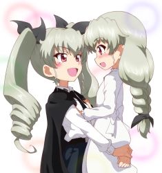 Rule 34 | 2girls, :d, aged down, anchovy (girls und panzer), anzio school uniform, braid, cape, carrying, carrying person, drill hair, girls und panzer, green hair, kayabakoro, long hair, multiple girls, open mouth, red eyes, school uniform, simple background, smile