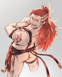 Rule 34 | 1boy, apron, ass, back, bara, black nails, body markings, crossed arms, fundoshi, granblue fantasy, grey background, highres, japanese clothes, khell, long hair, male focus, muscular, muscular male, official alternate costume, open mouth, red apron, red eyes, red hair, simple background, smile, solo, white hair, wilnas (apron of ardor) (granblue fantasy), wilnas (granblue fantasy)
