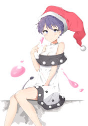 Rule 34 | 1girl, absurdres, bare legs, bare shoulders, black capelet, blob, blue eyes, blue hair, blush, breasts, capelet, cleavage, doremy sweet, dress, feet out of frame, hand up, hat, highres, icyy, index finger raised, looking at viewer, medium breasts, nightcap, pointing, pointing at self, pom pom (clothes), red hat, short dress, short hair, simple background, sitting, sleeveless, sleeveless dress, solo, tail, tapir tail, thighs, touhou, white background, white dress