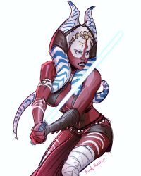 Rule 34 | 1girl, alien, artist name, birdyraider, blue lightsaber, commentary, energy sword, facepaint, highres, holding lightsaber, jedi, lightsaber, open mouth, pelvic curtain, serious, shaak ti, simple background, solo, star wars, sword, teeth, togruta, weapon, white background