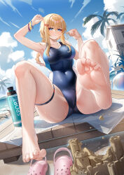 Rule 34 | 1girl, absurdres, arm up, armpits, bare arms, bare legs, bare shoulders, barefoot, blonde hair, blue eyes, blue one-piece swimsuit, breasts, competition swimsuit, feet, girls&#039; frontline, highres, large breasts, long hair, looking at viewer, mg3 (girls&#039; frontline), one-piece swimsuit, ponytail, pool, school swimsuit, soles, solo, split, spread legs, stardust (chen&#039;ai weiding), swimsuit, thigh strap, toes