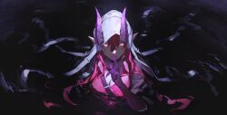 Rule 34 | 1girl, absurdres, arknights, ascalon (arknights), black jacket, breasts, chest strap, cleavage, demon horns, fingernails, glowing, glowing eyes, hand to own mouth, highres, horns, jacket, looking at viewer, purple horns, red shirt, shirt, white hood, wushier
