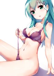Rule 34 | 10s, 1girl, aqua eyes, aqua hair, arm support, bikini, breasts, cleavage, comic, hair ornament, hairclip, henet hene, kantai collection, long hair, looking at viewer, medium breasts, navel, open clothes, open mouth, purple bikini, shiny clothes, shiny skin, sitting, solo, stomach, suzuya (kancolle), swimsuit, thighs, untied bikini