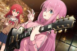 Rule 34 | 2girls, :d, absurdres, blue eyes, blue skirt, blush, bocchi the rock!, bow, bowtie, brown cardigan, cardigan, electric guitar, gibson les paul, gotoh hitori, green322, guitar, highres, holding, holding instrument, holding plectrum, indoors, instrument, jacket, kita ikuyo, long hair, looking at viewer, multiple girls, music, one side up, open mouth, pink hair, pink jacket, playing instrument, pleated skirt, plectrum, red bow, red bowtie, red hair, sailor collar, school uniform, skirt, smile, sparkle, sweat, track jacket, v, white sailor collar, yellow eyes