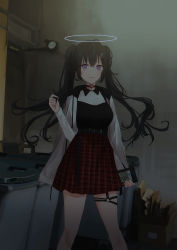 Rule 34 | 1girl, belt, belt buckle, black hair, blush, box, breasts, brown belt, buckle, cardboard box, chihuri, collared shirt, commentary request, flower-shaped pupils, hair between eyes, hair ornament, hairclip, halo, high-waist skirt, highres, holding, holding stylus, jacket, jacket on shoulders, long hair, medium breasts, o-ring, original, plaid, plaid skirt, pleated skirt, purple eyes, red skirt, shirt, skirt, solo, standing, stylus, symbol-shaped pupils, tablet pc, tile floor, tiles, twintails, very long hair, wall lamp, white jacket, white shirt