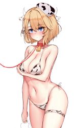 Rule 34 | 1girl, absurdres, animal ears, animal print, azur lane, bare arms, bare shoulders, bell, beret, bikini, blonde hair, blue eyes, breast hold, breasts, cleavage, closed mouth, cow ears, cow horns, cow print, cowbell, cowboy shot, groin, halterneck, hat, heart, heart-shaped pupils, highleg, highleg bikini, highres, horns, large breasts, leash, lilac (k32420276), looking away, navel, short hair, side-tie bikini bottom, solo, standing, stomach, strap gap, string bikini, swimsuit, symbol-shaped pupils, thigh strap, thighs, white bikini, white hat, z23 (azur lane)