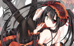 Rule 34 | 10s, 1girl, bare shoulders, black footwear, black hair, black pantyhose, boots, clock eyes, cross-laced footwear, date a live, frills, from behind, hairband, heterochromia, highres, knee boots, lace-up boots, lolita hairband, long er (dragonxo), long hair, looking at viewer, looking back, pantyhose, platform boots, platform footwear, red eyes, smile, solo, symbol-shaped pupils, tokisaki kurumi, twintails, very long hair, yellow eyes, zoom layer