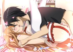 Rule 34 | 1boy, 1girl, aki (broccoli-t), asuna (sao), black hair, black shirt, blush, boy on top, braid, breasts, brown hair, censored, closed eyes, condom, crotchless, crotchless panties, cum, cum in pussy, folded, french kiss, half updo, happy sex, hetero, holding hands, kirito, kiss, long hair, lying, md5 mismatch, medium breasts, missionary, mosaic censoring, on back, cum overflow, panties, penis, pussy, resolution mismatch, sex, shiny skin, shirt, source smaller, sword art online, thighhighs, tongue, torogao, underwear, used condom, vaginal, white thighhighs