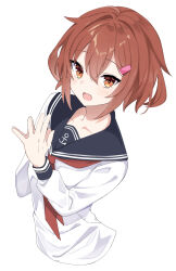 Rule 34 | 1girl, absurdres, anchor ornament, black sailor collar, brown eyes, brown hair, double-parted bangs, fathom, hair ornament, hairclip, highres, ikazuchi (kancolle), kantai collection, neckerchief, open mouth, red neckerchief, sailor collar, school uniform, serafuku, shirt, short hair, simple background, solo, steepled fingers, upper body, white background, white shirt