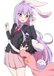 Rule 34 | 2girls, animal ears, arms up, black hair, blush, blush stickers, bright pupils, carrot necklace, commentary request, cowboy shot, dress, dress shirt, glomp, hand on another&#039;s hip, hand on another&#039;s waist, highres, hug, hug from behind, inaba tewi, jacket, jewelry, leaning forward, leaning on person, light purple hair, long hair, long sleeves, looking at another, looking down, multiple girls, necklace, necktie, open mouth, pink dress, pink skirt, pleated skirt, puffy short sleeves, puffy sleeves, rabbit ears, rabbit girl, rabbit tail, red eyes, red neckwear, reisen udongein inaba, shirt, short hair, short sleeves, simple background, skirt, standing, suit jacket, tail, touhou, tsukimirin, very long hair, white background, white pupils, white shirt
