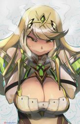 Rule 34 | 1girl, bare shoulders, blonde hair, blush, breasts, cleavage, commentary request, gloves, hands on own cheeks, hands on own face, large breasts, long hair, looking at viewer, mythra (xenoblade), nintendo, rex (xenoblade), solo, woofycakes, xenoblade chronicles (series), xenoblade chronicles 2, yellow eyes