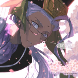 Rule 34 | 1boy, ahoge, artist name, chen gong (fate), cherry blossoms, chinese clothes, dark skin, dark-skinned male, dated, english text, eyelashes, facial mark, fate/grand order, fate (series), forehead mark, glasses, hair ornament, hat, light particles, light rays, long hair, looking at viewer, male focus, ponytail, purple eyes, purple hair, solo, sunbeam, sunlight, surprised, tsurime, ume2888