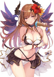 Rule 34 | 1girl, armpit crease, bad id, bad pixiv id, bangle, bare shoulders, bikini, bikini skirt, black choker, bracelet, breasts, brooch, brown hair, choker, cleavage, closed mouth, collarbone, contrapposto, cowboy shot, dark angel olivia, dripping, floating hair, flower, food, granblue fantasy, groin, hair flower, hair ornament, halterneck, hand up, head tilt, holding, holding food, horns, ice cream, ice cream cone, jewelry, long hair, looking at viewer, medium breasts, melting, nanananana, navel, off shoulder, olivia (summer) (granblue fantasy), red eyes, red flower, see-through, showgirl skirt, sidelocks, simple background, smile, solo, standing, stomach, swimsuit, thigh gap, white background, wings