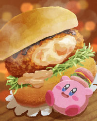 Rule 34 | burger, cheese, fast food, food, food focus, highres, holding, holding food, ketchup, kirby, kirby (series), lettuce, meat, miclot, nintendo, no humans, sauce, solo, table