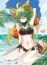 Rule 34 | 1girl, absurdres, animal ears, atalanta (fate), atalanta (formal dress) (fate), bikini, black bikini, blonde hair, breasts, cat ears, cat tail, cloud, day, fate/apocrypha, fate (series), flower, green eyes, green hair, hair between eyes, hair flower, hair ornament, highres, long hair, looking at viewer, medium breasts, multicolored hair, navel, outdoors, side-tie bikini bottom, sitting, sky, smile, solo, strapless, strapless bikini, swimsuit, tail, two-tone hair, uruzu, very long hair, wariza, water