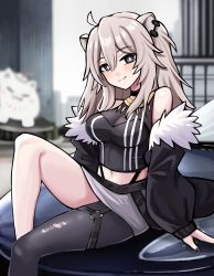 Rule 34 | 1girl, absurdres, ahoge, animal ears, bare shoulders, black jacket, black nails, black pantyhose, blurry, blurry background, breasts, bright pupils, car, city, cleavage, closed mouth, crop top, earrings, fur-trimmed jacket, fur trim, gold necklace, grey eyes, grey hair, head tilt, highres, hololive, jacket, jerrytz, jewelry, knee up, lion ears, lion girl, long hair, looking at viewer, medium breasts, midriff, motor vehicle, nail polish, navel, necklace, o-ring, o-ring strap, o-ring thigh strap, off shoulder, outdoors, pantyhose, see-through, see-through cleavage, shishiro botan, shishiro botan (1st costume), sidelocks, single leg pantyhose, sitting, sitting on car, smile, stomach, thigh strap, torn clothes, torn pantyhose, virtual youtuber, white pupils