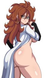 Rule 34 | 1girl, android 21, ass, blue eyes, breasts, brown hair, darwaarts, detached sleeves, dragon ball, dragon ball fighterz, earrings, female focus, functionally nude, glasses, highres, huge ass, jewelry, lab coat, large breasts, legs, long hair, looking back, shiny skin, solo, standing, thick thighs, thighs