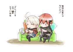 Rule 34 | 1boy, 1girl, ahoge, asugi (fire emblem), chibi, closed eyes, couch, ebi puri (ebi-ebi), fire emblem, fire emblem fates, hairband, headband, nina (fire emblem), nintendo, on couch, orange hair, parted bangs, tying another&#039;s hair, unworn hairband