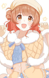 1girl :d absurdres alternate_costume blush capelet commentary_request corset fur-trimmed_capelet fur_trim gakuen_idolmaster gradient_hair hair_bun hanami_ume hands_up hat highres idolmaster lace_trim medium_hair multicolored_hair open_mouth orange_eyes orange_hair pom_pom_(clothes) raichita simple_background smile solo upper_body white_background yellow_capelet yellow_hat