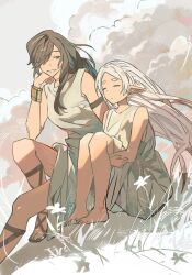 Rule 34 | 2girls, bare shoulders, barefoot, bracelet, breasts, brown eyes, brown hair, closed eyes, closed mouth, cloud, cloudy sky, dress, elf, feet, flamme (sousou no frieren), flower, frieren, full body, gladiator sandals, grass, hair down, hair over one eye, hand on own cheek, hand on own face, haxinssy, highres, hugging own legs, jewelry, knees up, long hair, looking at another, medium breasts, multiple girls, necklace, open mouth, outdoors, pointy ears, sandals, sitting, sky, sleeveless, sleeveless dress, smile, sousou no frieren, toes, very long hair, white dress, white hair, wind