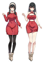 Rule 34 | 1girl, absurdres, bare shoulders, black hair, boots, breasts, cleavage, clothing cutout, dress, earrings, hairband, highres, jewelry, kuroko (user jtty5588), large breasts, long hair, looking at viewer, pantyhose, red dress, red eyes, red sweater, short dress, sidelocks, smile, solo, spy x family, stomach cutout, sweater, white hairband, yor briar