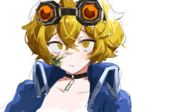 Rule 34 | 1boy, black choker, blonde hair, blue jacket, choker, goggles, goggles on head, jacket, limbus company, looking at viewer, parted lips, project moon, simple background, sinclair (project moon), solo, uchimura (rino0525), upper body, white background, yellow eyes