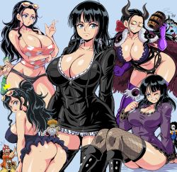 Rule 34 | +++, 1girl, 5boys, ^^^, absurdres, arms at sides, ass, bikini, black hair, blue background, breasts, brook (one piece), cleavage, dress, dwarf, gancho (one piece), glasses, hair ribbon, highres, jacket, large breasts, lewdamone, long hair, long sleeves, mini person, miniboy, miniskirt, multiple boys, nico robin, official alternate costume, one piece, panties, pantyshot, ribbon, roronoa zoro, short dress, short shorts, shorts, simple background, skirt, suit jacket, sunglasses, swimsuit, tank top, thighhighs, underwear, usopp
