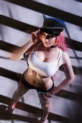 Rule 34 | 1girl, breasts, cleavage, cosplay, final fight, from above, hat, long hair, open fly, photo (medium), poison (final fight), poison (final fight) (cosplay), shorts, solo, standing, street fighter, watermark