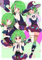 Rule 34 | 1girl, :&lt;, absurdres, asymmetrical legwear, character request, closed mouth, commission, copyright request, green hair, highres, long sleeves, looking at viewer, low twintails, mismatched legwear, multicolored hair, one eye closed, pointy ears, purple hair, red eyes, short hair, short twintails, skeb commission, solo, streaked hair, striped clothes, striped thighhighs, thighhighs, twintails, uruti 2388