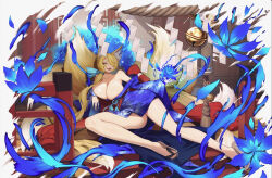 Rule 34 | 1girl, animal ear fluff, animal ears, aqua ribbon, bare legs, bell, blonde hair, blue flower, blue petals, breasts, cleavage, cluseller, collarbone, commission, flower, fox girl, hair over one eye, hair ribbon, highres, kitsune, kyuubi, large breasts, long hair, multiple tails, off shoulder, open mouth, original, ribbon, sandals, sharp teeth, skeb commission, solo, tail, teeth, yellow eyes, yellow tail, zouri