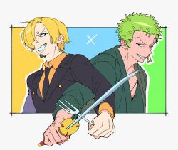 Rule 34 | 2boys, absurdres, blonde hair, couple, crossed weapons, curly eyebrows, facial hair, fork, goatee, green hair, grin, hair over one eye, highres, holding, holding fork, holding sword, holding weapon, locked arms, looking to the side, male focus, multiple boys, one piece, roronoa zoro, sanji (one piece), scar, scar across eye, short hair, smile, sword, three-toned background, tm one, weapon