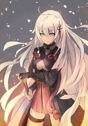 Rule 34 | 1girl, absurdres, ahoge, breasts, cleavage, cleavage cutout, clothing cutout, cowboy shot, fate/grand order, fate (series), floating hair, grey background, grey eyes, hair between eyes, hair ornament, hand on hilt, highres, holding, holding sheath, long hair, medium breasts, okita souji (fate), okita souji alter (fate), sheath, silver hair, simple background, sketch, solo, standing, thigh strap, very long hair, yu kitsune