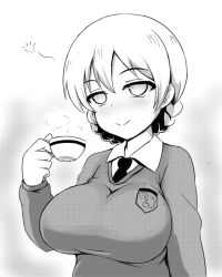Rule 34 | 10s, 1girl, braid, breasts, closed mouth, cup, darjeeling (girls und panzer), dress shirt, emblem, girls und panzer, greyscale, half-closed eyes, highres, holding, large breasts, long sleeves, looking at viewer, monochrome, necktie, school uniform, shanaharuhi, shirt, short hair, sleepy, smile, solo, st. gloriana&#039;s (emblem), st. gloriana&#039;s school uniform, standing, steam, sweater, teacup, twin braids, upper body, v-neck, wing collar