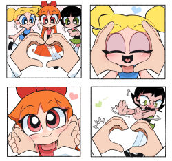 Rule 34 | !, 1boy, 3girls, 4koma, ?, ^^^, black hair, blonde hair, blossom (ppg), blue dress, blue eyes, blush, bow, bubbles (ppg), buttercup (ppg), closed eyes, comic, commentary, crossed arms, dress, english commentary, fang, flying sweatdrops, green dress, green eyes, hair bow, hands on another&#039;s cheeks, hands on another&#039;s face, heart, heart hands, highres, kim crab, long hair, looking at viewer, multiple girls, open mouth, pov, pov hands, powerpuff girls, professor utonium, red dress, red eyes, red hair, shaking head, short hair, silent comic, sleeveless, sleeveless dress, smile, snoot challenge, sweat, thighhighs, twintails, very long hair