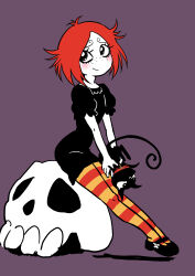 Rule 34 | 1girl, black dress, cat, dress, freckles, henriiku (ahemaru), highres, mary janes, pantyhose, purple background, red hair, ruby gloom, ruby gloom (character), shoes, short hair, simple background, sitting, skull, smile, solo, striped clothes, striped pantyhose