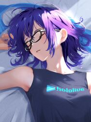 Rule 34 | 1girl, a-chan (hololive), absurdres, black-framed eyewear, black shirt, closed eyes, cohi27151463, commentary request, glasses, highres, hololive, logo, messy hair, parted lips, purple hair, shirt, short hair, short sleeves, sleeping, solo, virtual youtuber