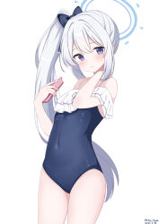 Rule 34 | 1girl, absurdres, artist name, black bow, blue archive, blue halo, blue one-piece swimsuit, bow, cellphone, covered navel, dated, hair bow, halo, highres, holding, holding phone, long hair, looking at viewer, miyako (blue archive), miyako (swimsuit) (blue archive), neko huan, official alternate costume, one-piece swimsuit, phone, purple eyes, side ponytail, simple background, swimsuit, thighs, white background