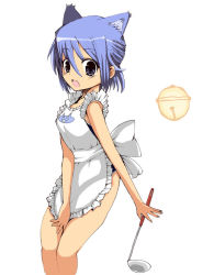 Rule 34 | animal ears, apron, blue one-piece swimsuit, cat ears, ladle, maro nie, naked apron, one-piece swimsuit, simple background, swimsuit, tagme, white background