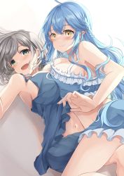 Rule 34 | 2girls, :d, absurdres, asymmetrical docking, babydoll, bare arms, bare shoulders, blue hair, blush, breast press, breasts, chemise, closed mouth, elf, fingernails, grey hair, highres, hololive, large breasts, looking at viewer, midriff, midriff peek, multiple girls, navel, open mouth, pajamas, pointy ears, shagaihi, shirogane noel, shorts, smile, virtual youtuber, yukihana lamy