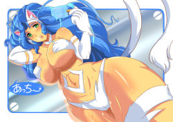 Rule 34 | 1girl, animal ears, bikini, blue hair, blush, body fur, breasts, buieito, cat ears, cat girl, curvy, felicia (vampire), female focus, food, from below, furry, furry female, green eyes, huge breasts, ice cream, long hair, looking at viewer, navel, shiny skin, solo, standing, sweat, swimsuit, tail, thick thighs, thighs, vampire (game), white bikini, wide hips